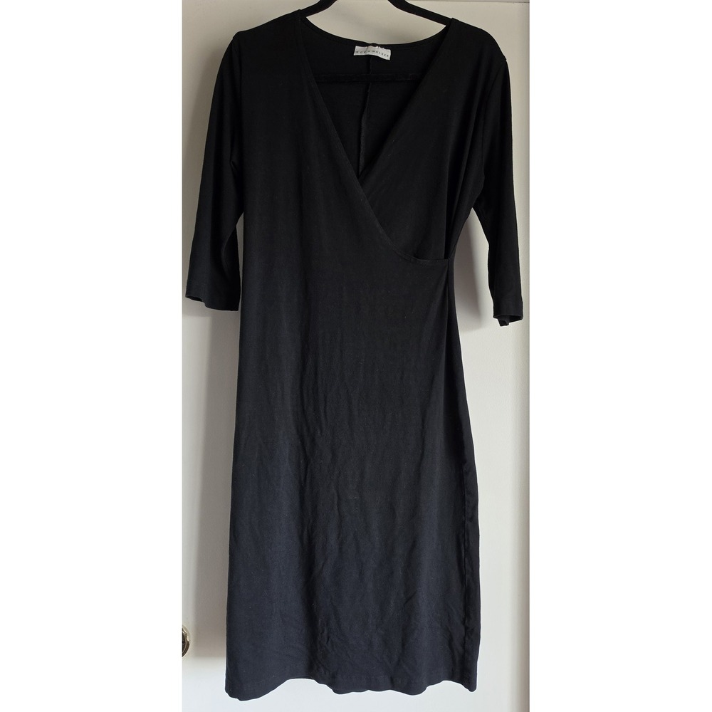 Bryn Walker Midi Dress Black V-Neck 3/4 Sleeve Solid Faux Wrap Vintage LBD USA